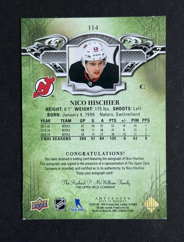 2020 /21 Artifacts Nico Hischier Dual Mint Auto 1/5 New Jersey Devils