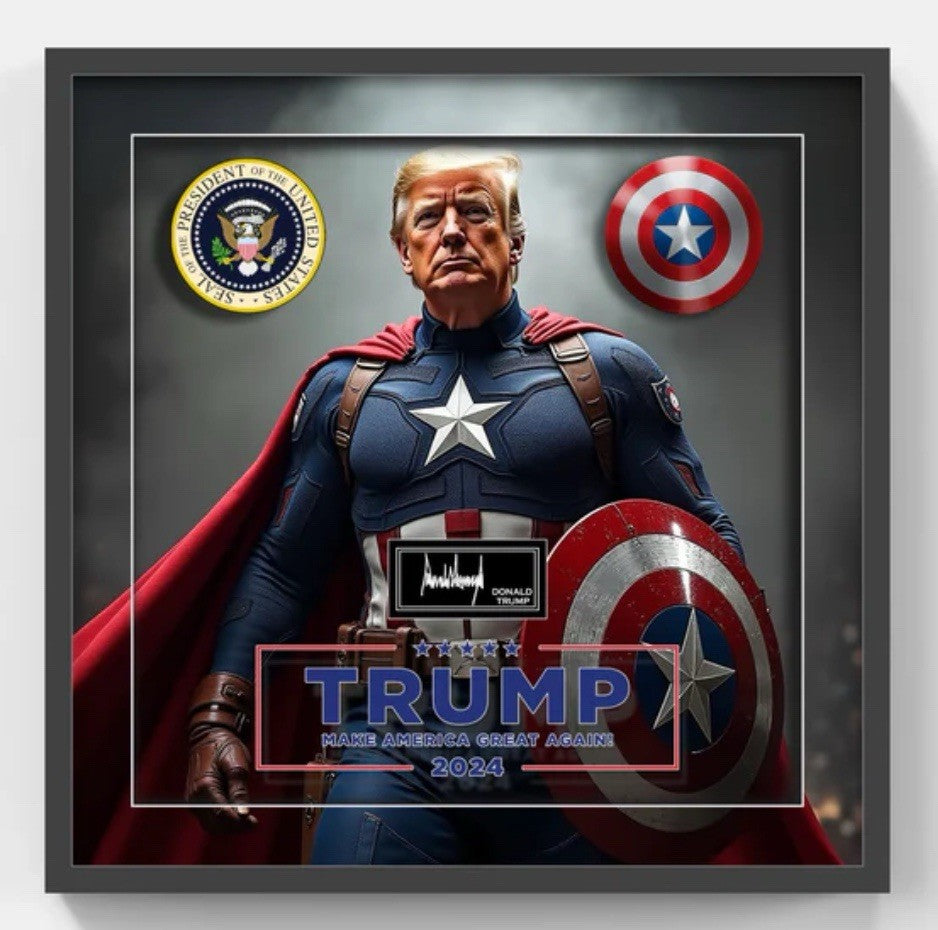 Donald Trump 22x22 Framed 3D Photo Captain America 2024 MAGA Facsimile Auto