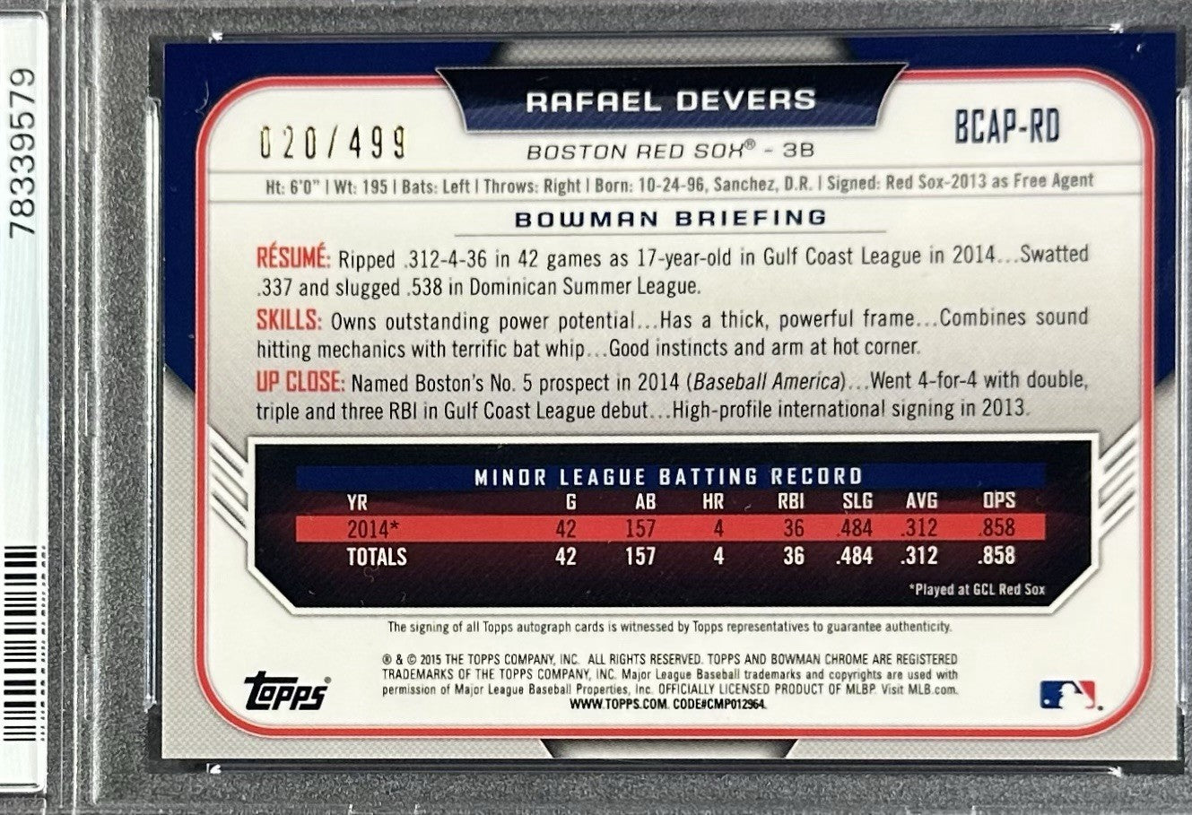 2015 Bowman Chrome Rafael Devers Refractor /499 Rookie Auto PSA 9 Mint Red Sox