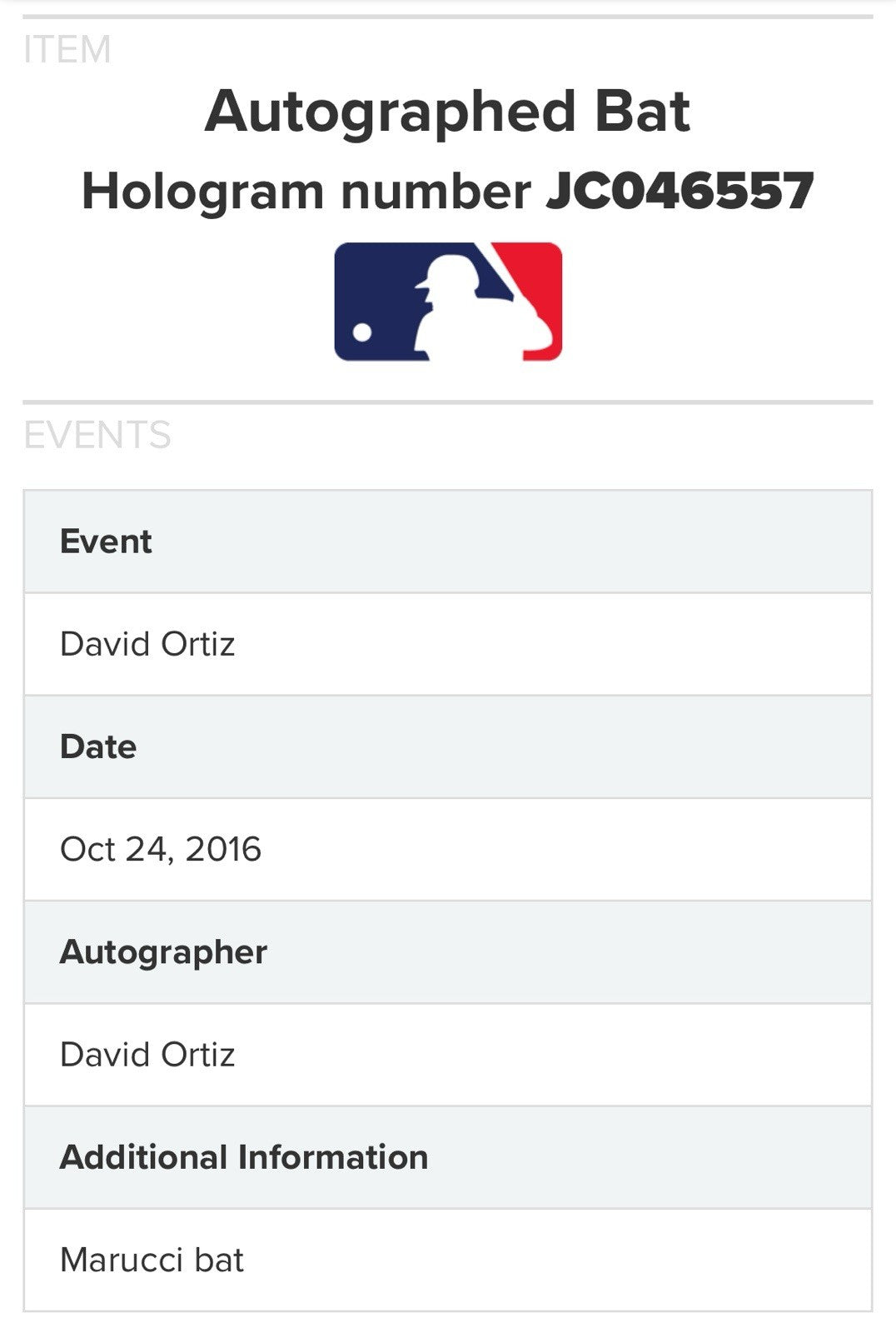 David Ortiz Signed Marucci D034 Game Model Bat Red Sox Auto HOF MLB Fanatics Coa