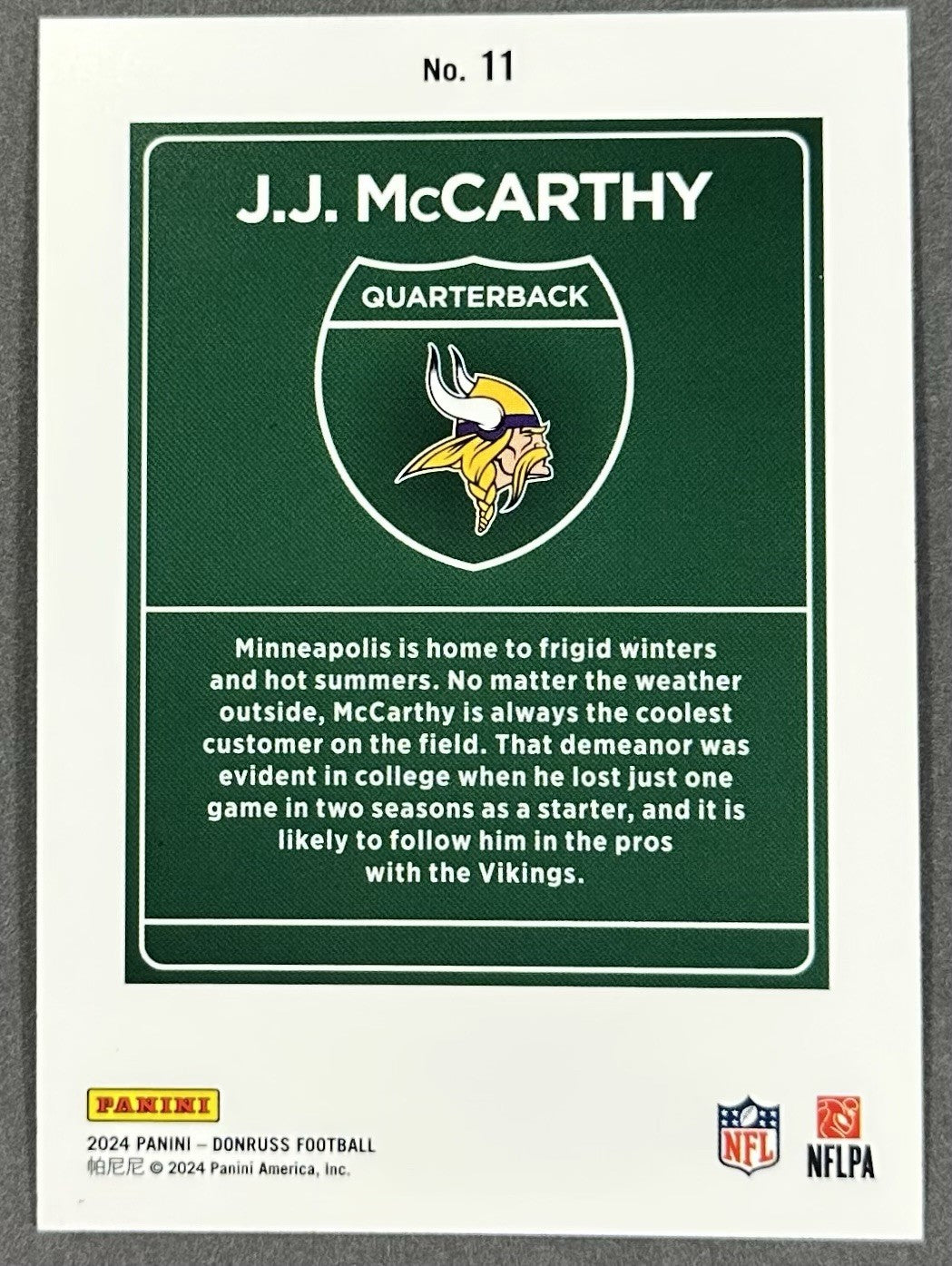 2024 Panini Donruss Football JJ McCarthy Rookie Downtown RC Vikings #11 SSP