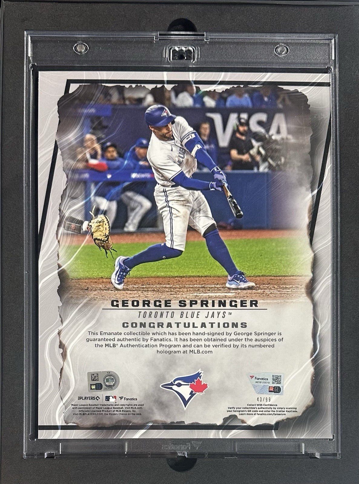 George Springer Signed Under Wraps Emanate 8x10 /99 Green Blue Jays Auto MLB COA