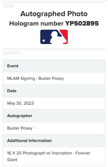 Buster Posey Signed 16x20 Framed Photo Forever Giant Auto Giants MLB Holo COA