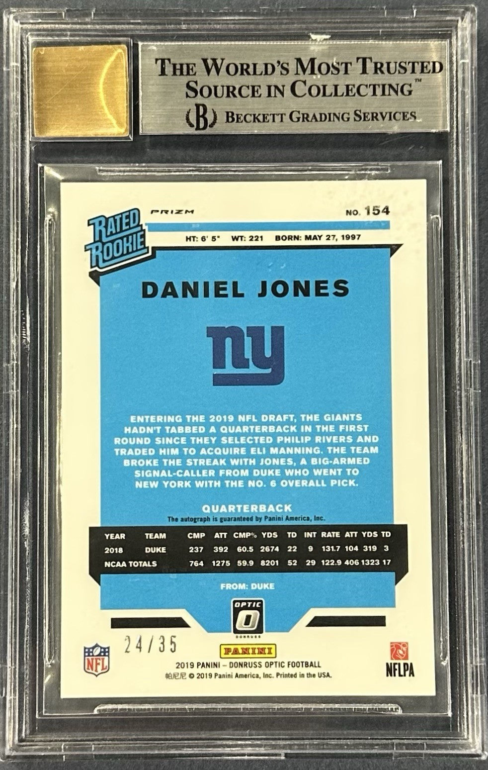 2019 Donruss Optic Daniel Jones Rated Rookie Auto /35 Purple BGS 9/10 RC Colts
