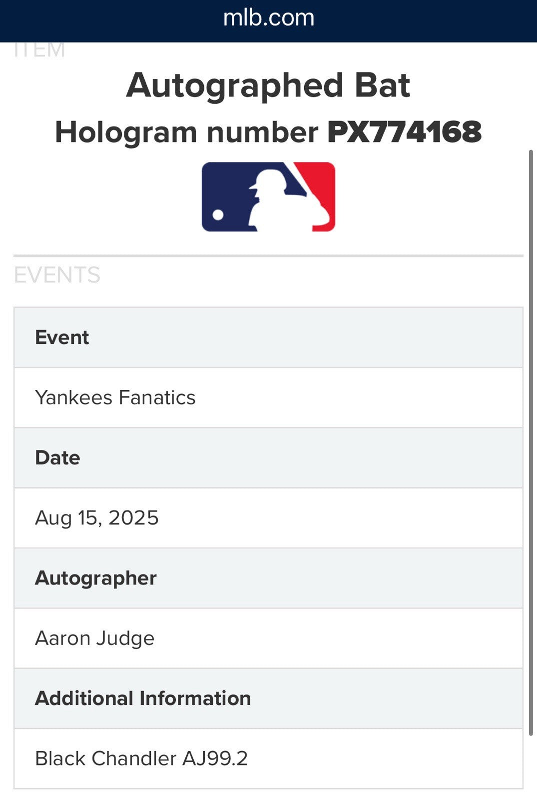 Aaron Judge Yankees Signed Chandler Game Model Bat Autograph MVP Fanatics & MLB