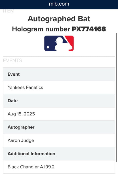 Aaron Judge Yankees Signed Chandler Game Model Bat Autograph MVP Fanatics & MLB