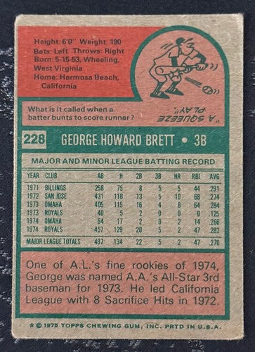 1975 Topps George Brett #228 Rookie Card RC Royals Hall Of Fame HOF