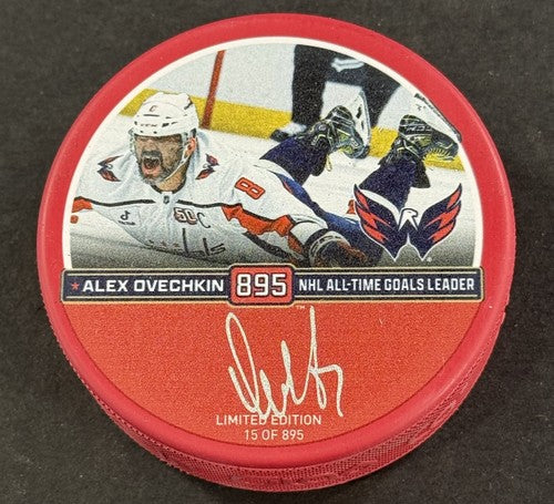Alexander Ovechkin Signed Capitals 895 Record Goal Logo Puck Auto Fanatics Coa