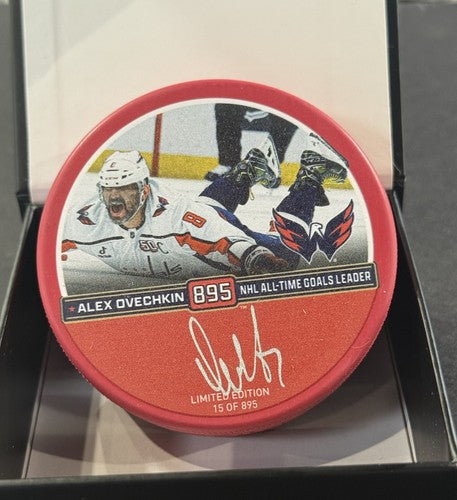 Alexander Ovechkin Signed Capitals 895 Record Goal Logo Puck Auto Fanatics Coa