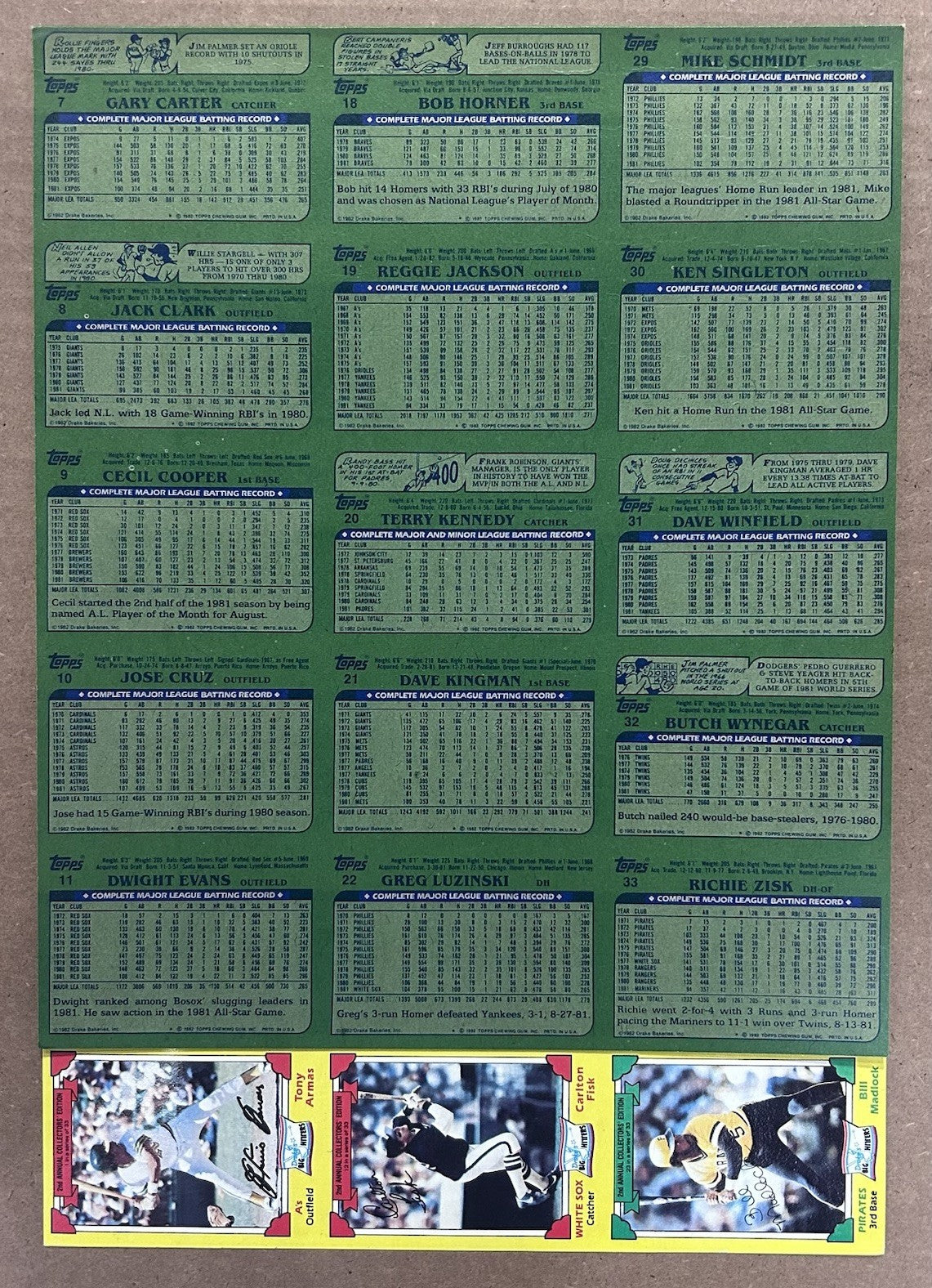 1982 Drakes Big Hitters Uncut Sheet 33 Cards Topps Baseball Brett Bench Fisk