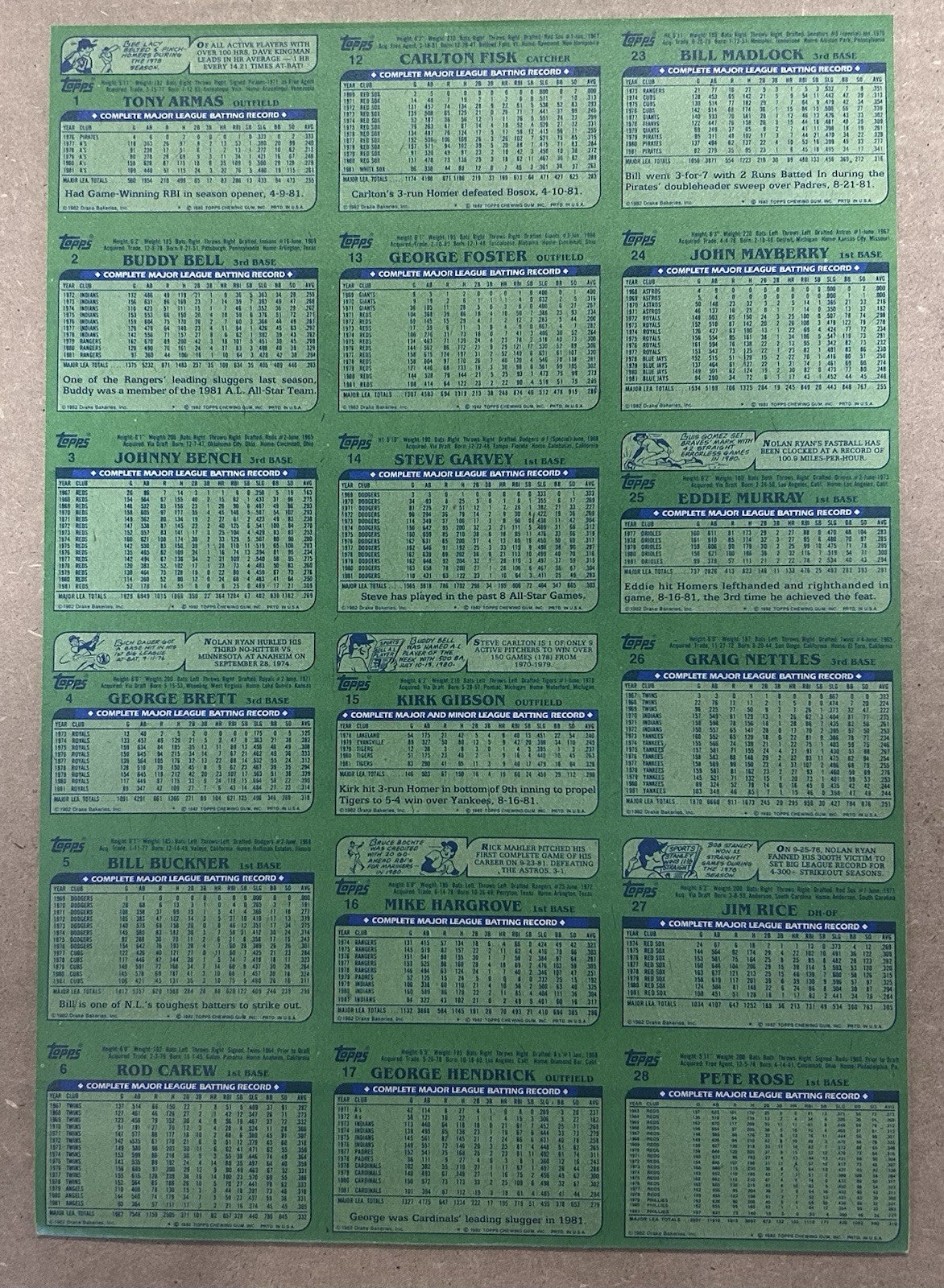 1982 Drakes Big Hitters Uncut Sheet 33 Cards Topps Baseball Brett Bench Fisk