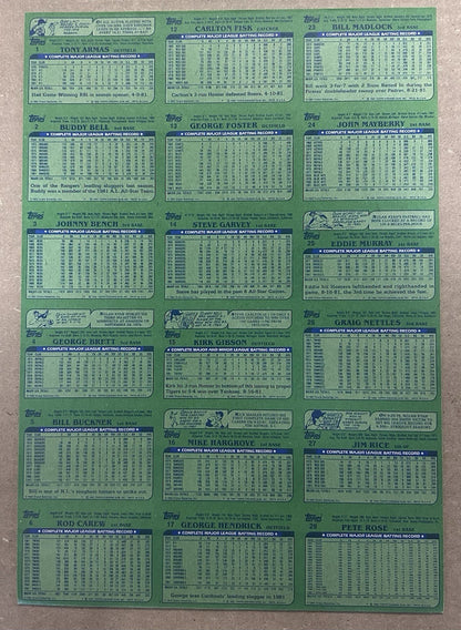 1982 Drakes Big Hitters Uncut Sheet 33 Cards Topps Baseball Brett Bench Fisk