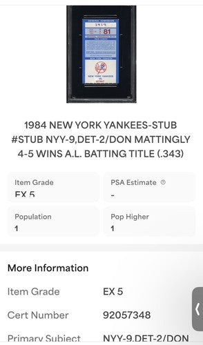 Don Mattingly Yankees 1984 Final Game Ticket Stub 4-5 Batting Title Psa 5 Pop 1