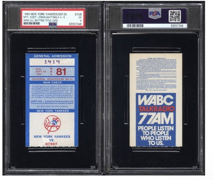 Don Mattingly Yankees 1984 Final Game Ticket Stub 4-5 Batting Title Psa 5 Pop 1