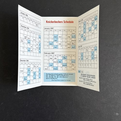1986-87 NY KNICKS Pocket Schedule Msg Patrick Ewing Roy Rookie Of Year ROY MINT