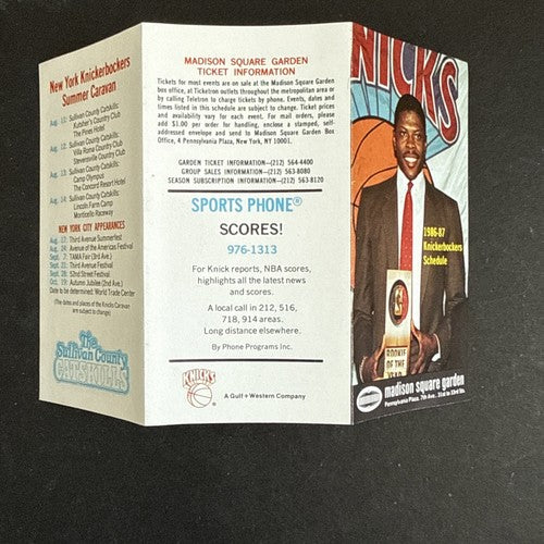 1986-87 NY KNICKS Pocket Schedule Msg Patrick Ewing Roy Rookie Of Year ROY MINT