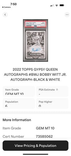 2022 Topps GypsyQueen Bobby Witt Jr Black White Rookie Auto Psa 10 Gem Mint /50