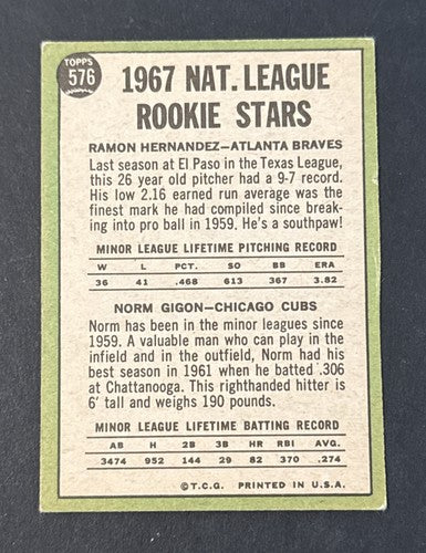 1967 Topps #576 NL ROOKIE STARS High # SP  Hernandez Norm Gigon RC EX Centered