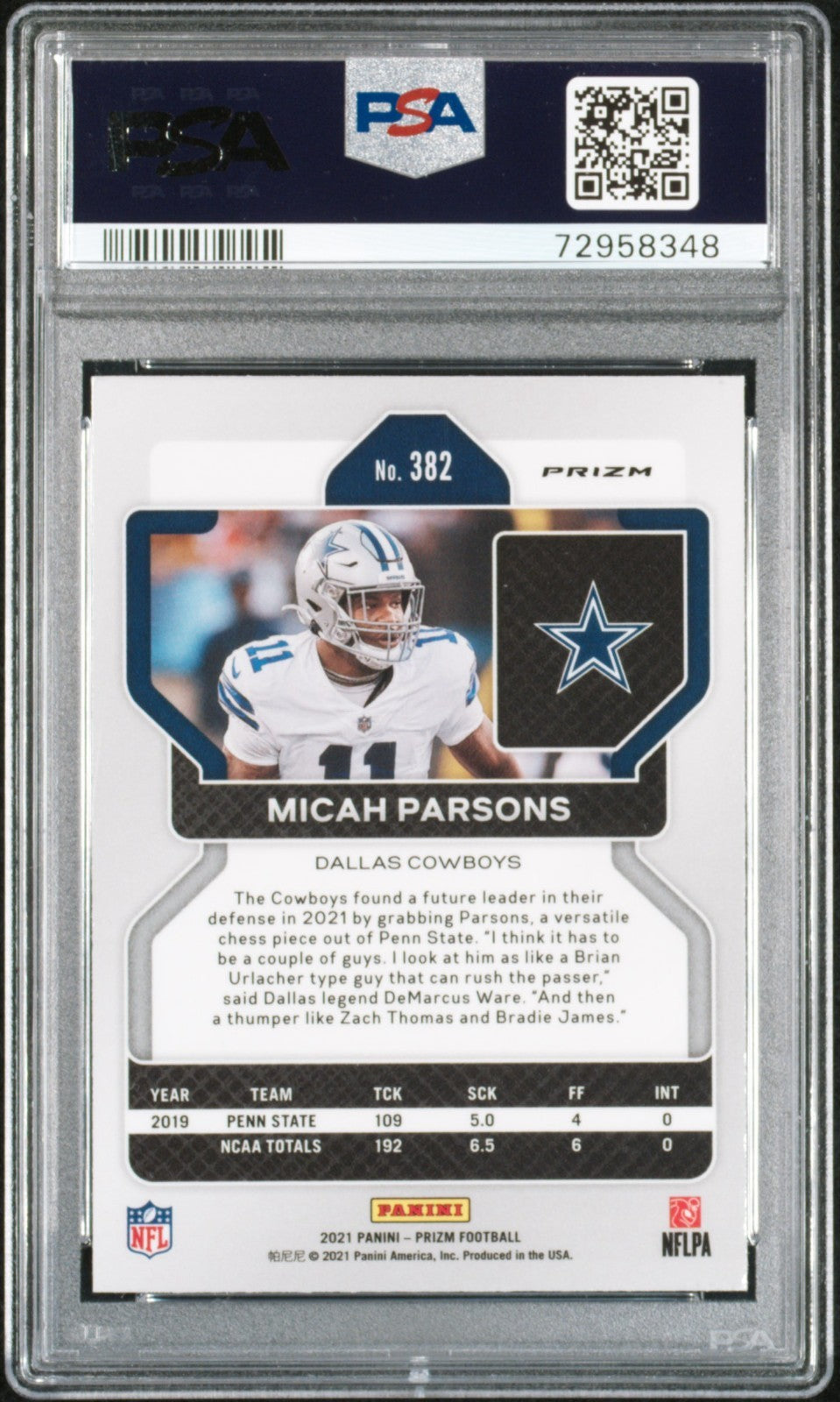 2021 Panini Prizm Micah Parsons Lazer Prizm Rookie Card #382 PSA 10 GEM MINT Rc
