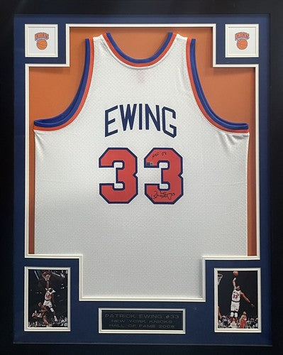 Patrick Ewing Signed Framed NY Knicks White Jersey HoF 08 Autograph Steiner COA