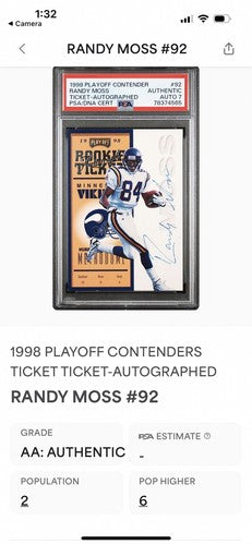 1998 Playoff Contenders Randy Moss ROOKIE RC #92 PSA 7 Auto RARE Vikings Hof