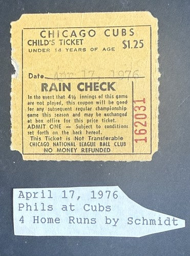 April 17 1976 Phillies Vs Cubs Mike Schmidt 4 HR Game Ticket Stub Rare