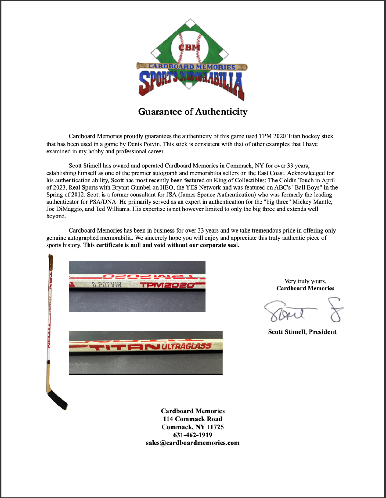 Denis Potvin Game Used TPM 2020 Titan Ultraglass Hockey Stick Islanders COA HOF
