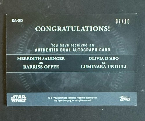 2018 Topps Star Wars Masterwork Meredith Salenger & Olivia D’abo Dual Auto  7/10