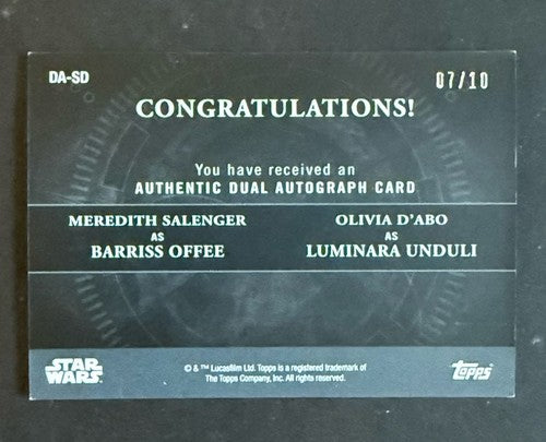2018 Topps Star Wars Masterwork Meredith Salenger & Olivia D’abo Dual Auto  7/10