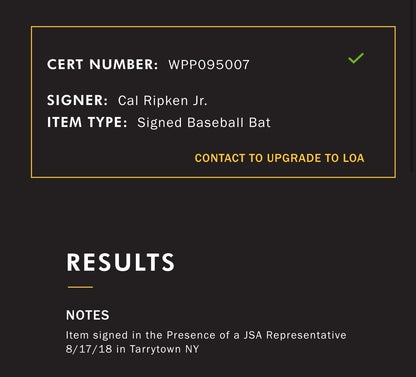 Cal Ripken Jr Signed Orioles Rawlings Pro Bat 2131 Games Mint Auto JSA COA