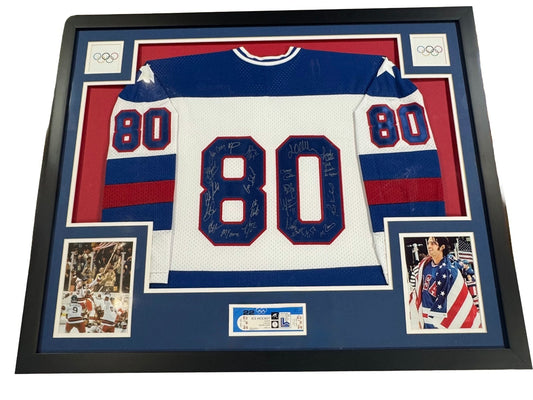 1980 USA Miracle Hockey Team Signed All 20 Auto Framed Jersey Suter Craig Psa