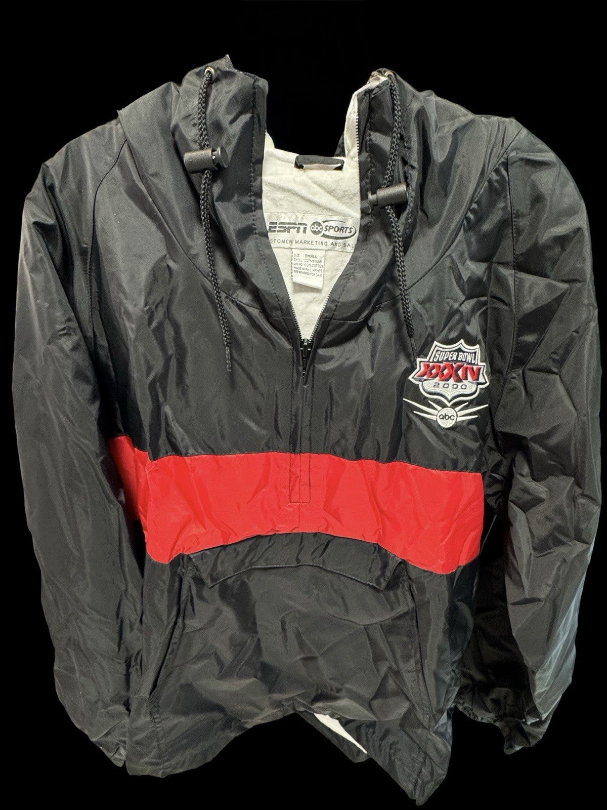 Super Bowl XXXVI 2002 Windbreaker Jacket Black Red Hooded Pullover NFL Sz Small