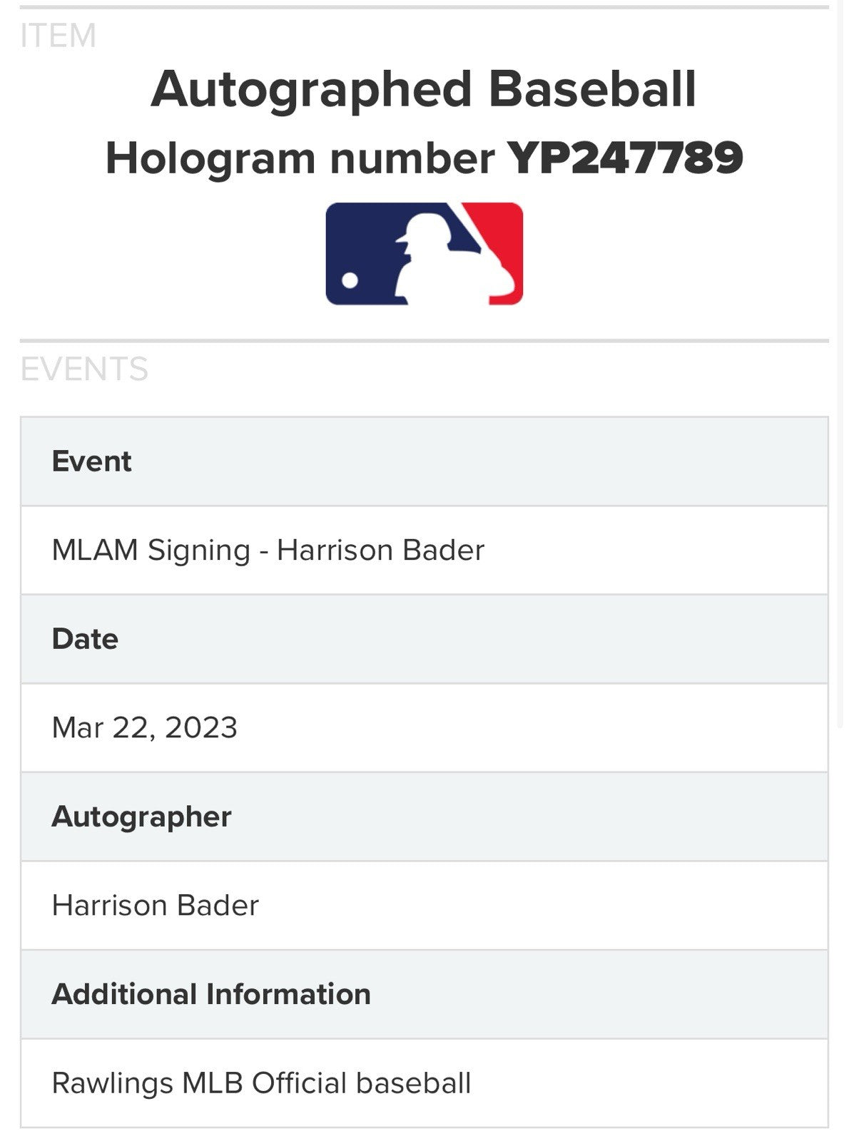 Harrison Bader Phillies Signed Official Mlb Baseball Auto Mlb Holo Coa