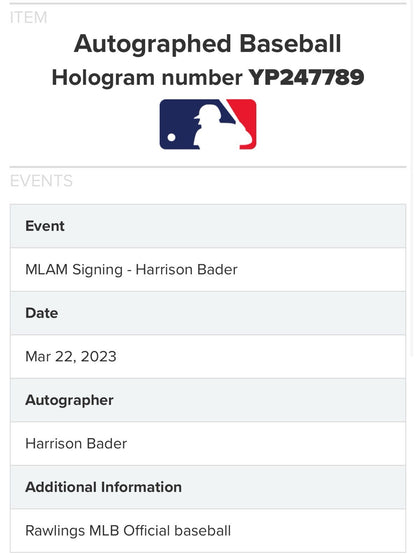Harrison Bader Phillies Signed Official Mlb Baseball Auto Mlb Holo Coa