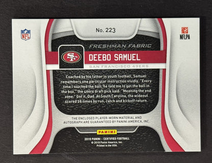 2019 Panini Certified Deebo Samuel RPA Freshman Fabric Rookie Auto Patch /299 Rc