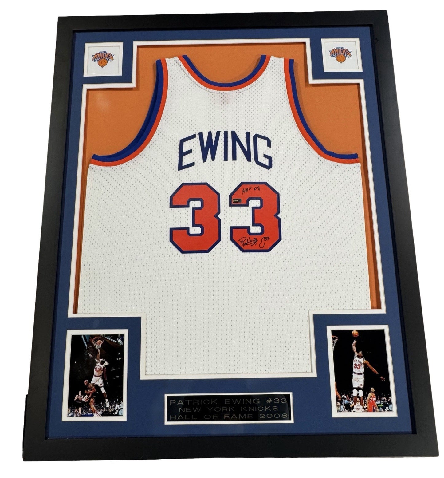 Patrick Ewing Signed Framed Knicks White Swingman Jersey HOF 08 Auto Steiner COA