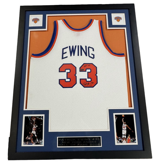 Patrick Ewing Signed Framed Knicks White Swingman Jersey HOF 08 Auto Steiner COA