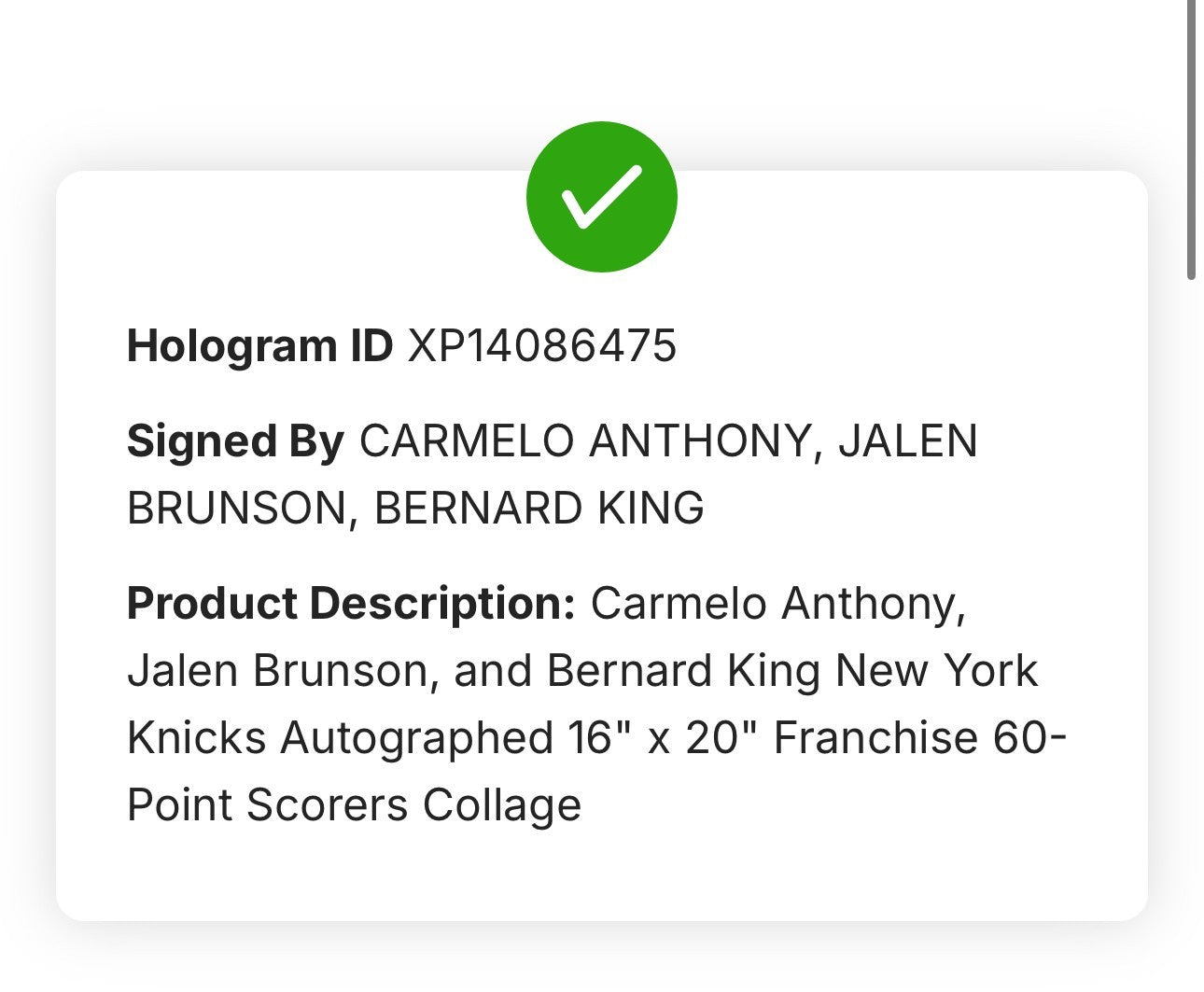 NY Knicks Signed 16x20 Framed Photo Jalen Brunson Carmelo Anthony 60 Pt Fanatics