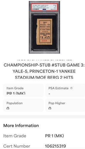 Yale Princeton Baseball Champ Yankee Stadium Ticket STUB 1923 Moe Berg Psa Pop 1