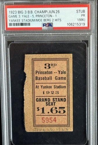 Yale Princeton Baseball Champ Yankee Stadium Ticket STUB 1923 Moe Berg Psa Pop 1