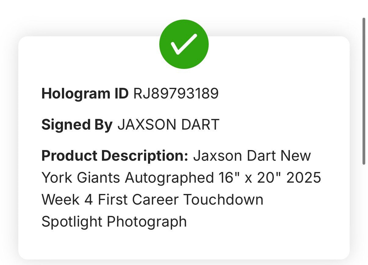 Jaxson Dart Signed 16x20 Framed Photo NY Giants 1st Career TD Auto Fanatics COA