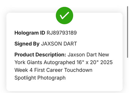 Jaxson Dart Signed 16x20 Framed Photo NY Giants 1st Career TD Auto Fanatics COA