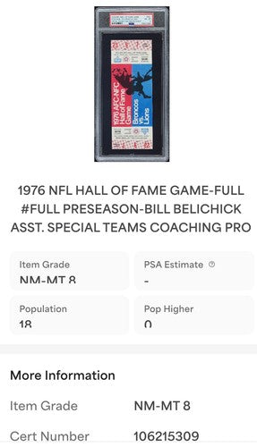1976 Bill Belichick Pro Debut FULL TICKET 7/24/76 NFL Hall of Fame Game PSA 8