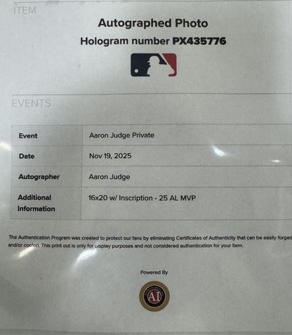 Aaron Judge Yankees Signed 16x20 Photo Framed Bat Flip 2025 MVP Auto Fanatics