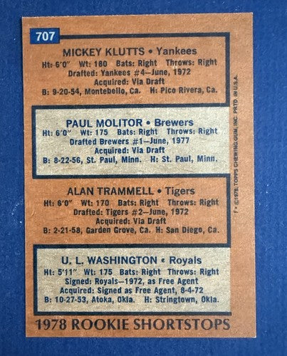 1978 Topps Set-Break #707 Paul Molitor Alan Trammell Rookie HOF Nm -MINT Sharp