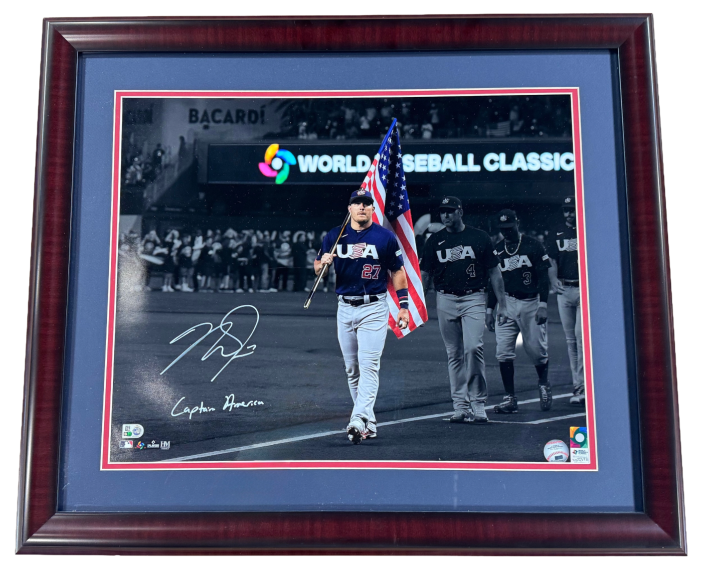 Mike Trout Angels Signed 16x20 WBC Photo Framed Captain America Auto MLB COA MVP