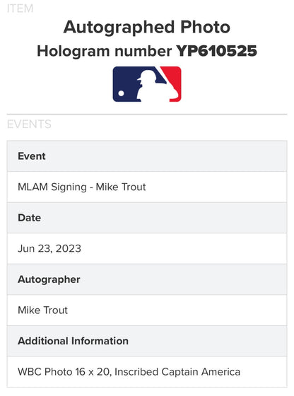 Mike Trout Angels Signed 16x20 WBC Photo Framed Captain America Auto MLB COA MVP