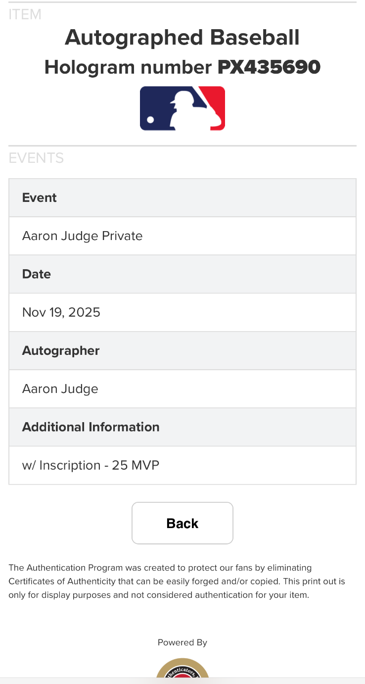 Aaron Judge NY Yankees Signed Official MLB Baseball 25 AL MVP Auto Fanatics COA