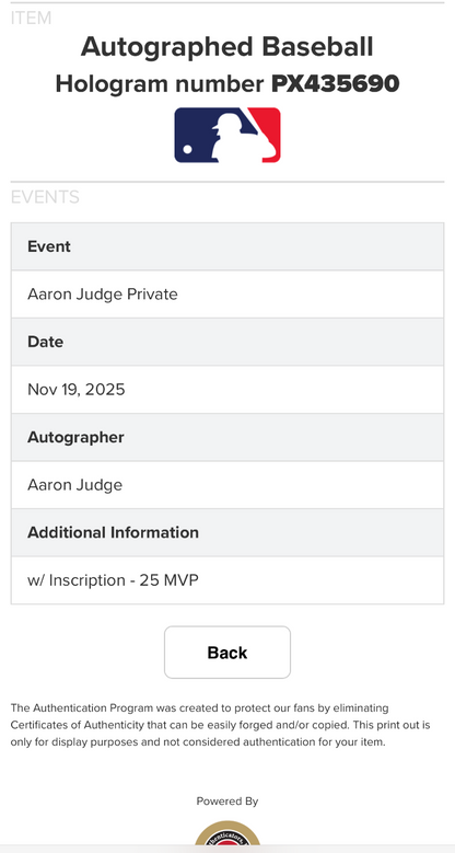 Aaron Judge NY Yankees Signed Official MLB Baseball 25 AL MVP Auto Fanatics COA