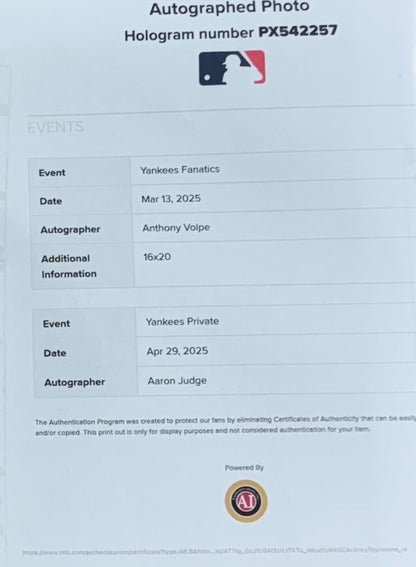 Aaron Judge & Anthony Volpe Yankees Signed 16x20 Photo Framed Auto Fanatics COA